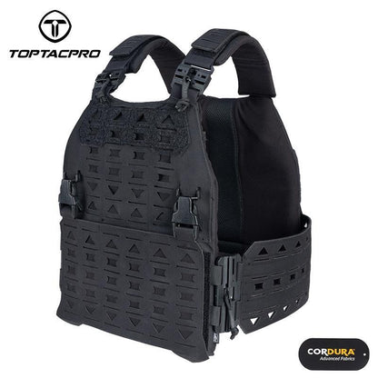 TOPTACPRO LSR Tactical Vest Quick Release Buckle Laser Cut Camouflage Plate Carrier w/ Magazine Side Pouch MOLLE 8301 Military Full Black Combat gear