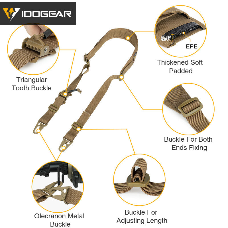 IDOGEAR Tactical Slings 2 Point Safety Sling Quick Adjust Padded Buckle Military Combat 2 Point Shoulder Strap Camera Slings Adjustable 3428