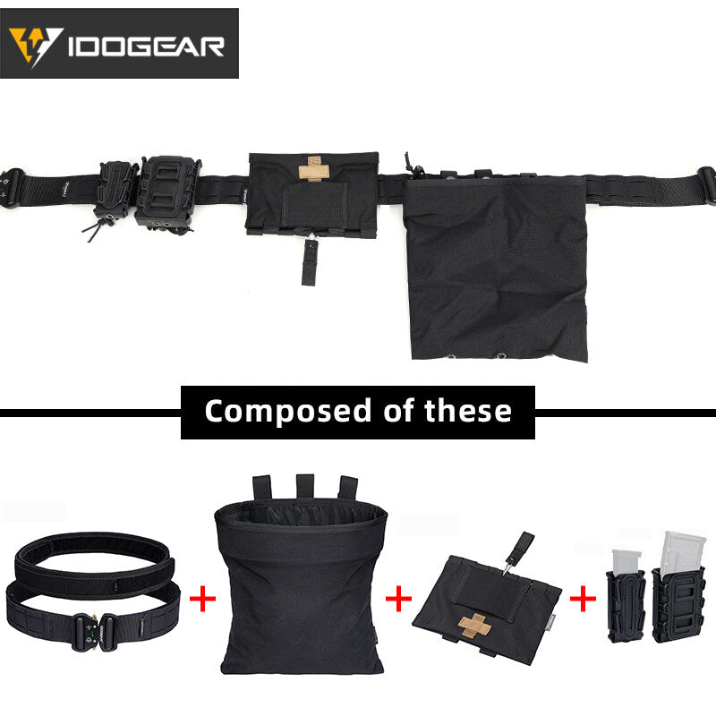 IDOGEAR 2 Inches Tactical Belt Laser Quick Release Metal Buckle Belt Set Outer Belt + Inner Belt with 4 Pouches Soft Shell 9mm 556 Magazine Pouch , Dump Pouch , Medical Pouch