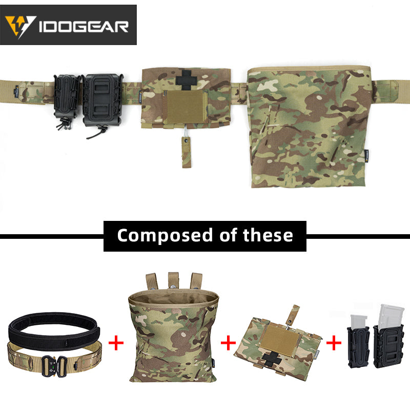 IDOGEAR 2 Inches Tactical Belt Laser Quick Release Metal Buckle Belt Set Outer Belt + Inner Belt with 4 Pouches Soft Shell 9mm 556 Magazine Pouch , Dump Pouch , Medical Pouch