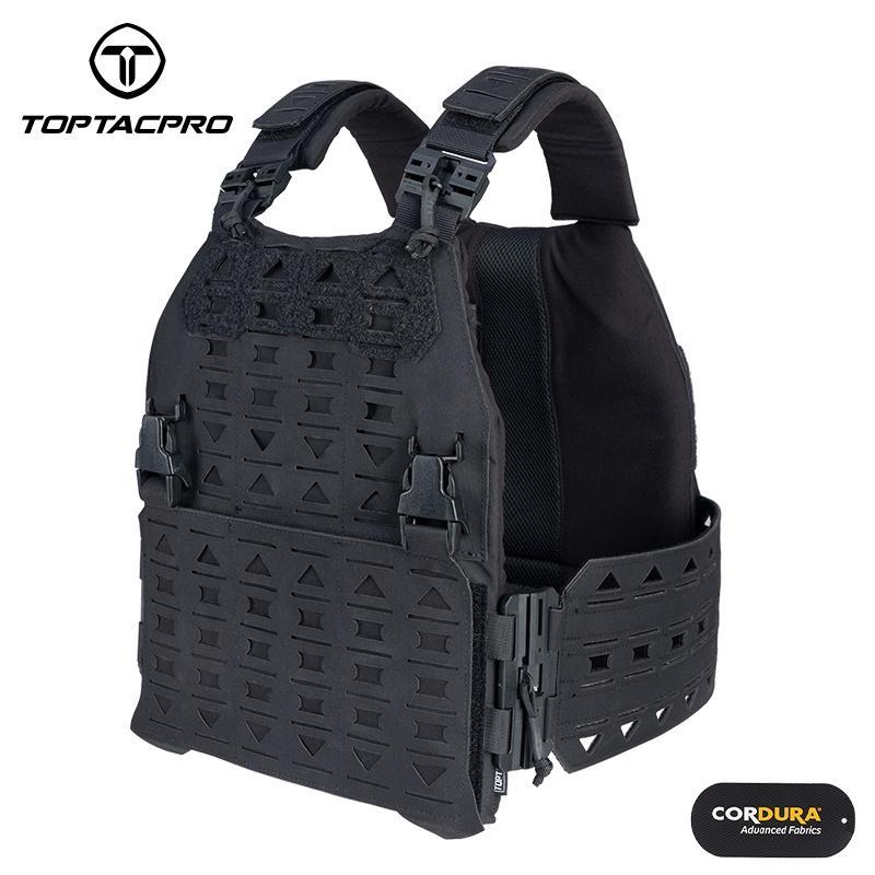 TOPTACPRO LSR Tactical Vest Quick Release Buckle Laser Cut Camouflage Plate Carrier w/ Magazine Side Pouch MOLLE 8301 Military Full Black Combat gear