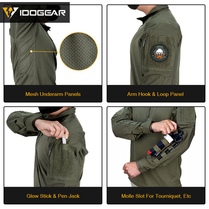 IDOGEAR UFS Tactical Shirt BDU Combat Clothes With Elbow Pads with Arm Big Pockets Slight Elasticity Shirt Breathable Top 3116