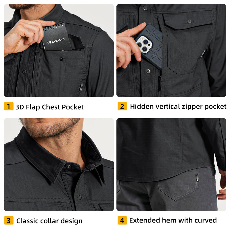 IDOGEAR Men's Long Sleeve Work Shirt with Convertible Roll‑Up Sleeve Breathable Ripstop Casual Shirt 3124