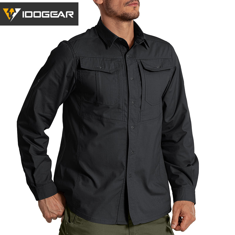 IDOGEAR Men's Long Sleeve Work Shirt with Convertible Roll‑Up Sleeve Breathable Ripstop Casual Shirt 3124