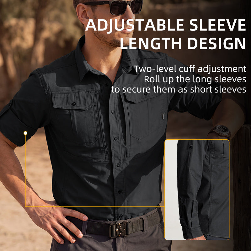 IDOGEAR Men's Long Sleeve Work Shirt with Convertible Roll‑Up Sleeve Breathable Ripstop Casual Shirt 3124