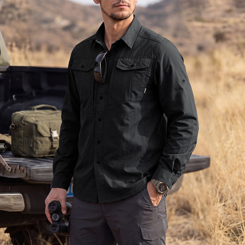 IDOGEAR Men's Long Sleeve Work Shirt with Convertible Roll‑Up Sleeve Breathable Ripstop Casual Shirt 3124