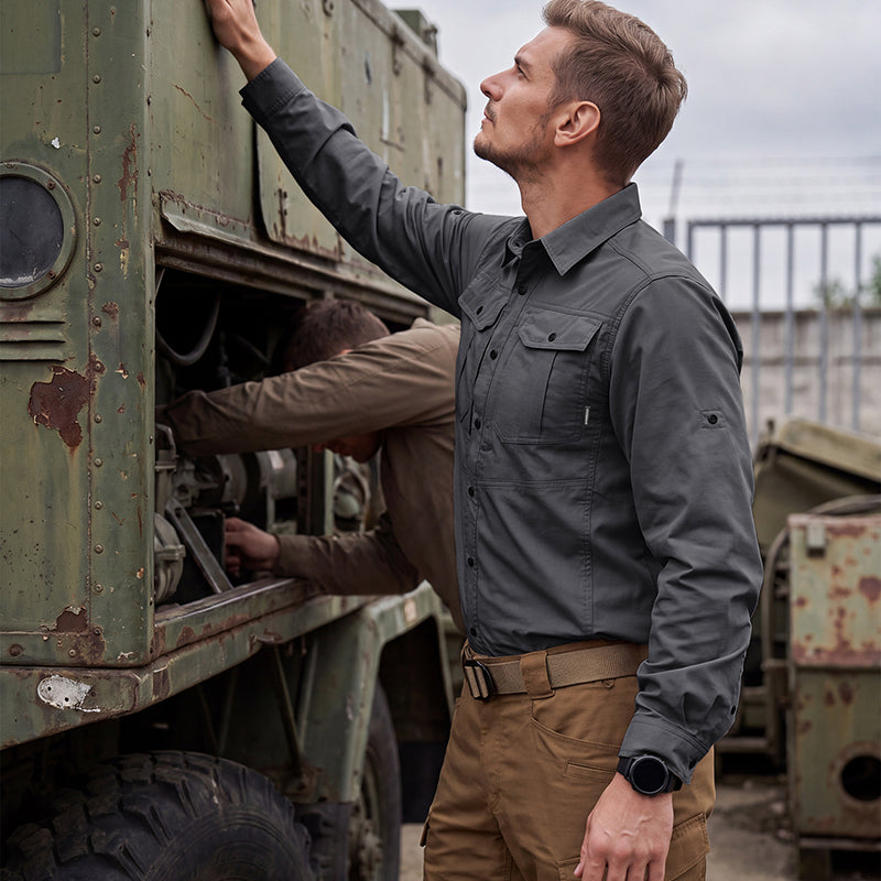 IDOGEAR Men's Long Sleeve Work Shirt with Convertible Roll‑Up Sleeve Breathable Ripstop Casual Shirt 3124