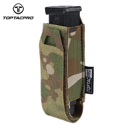 TOPTACPRO Tactical Single Magazine Pouch for 9mm Mag MOLLE SMG Mag Holder Laser Cut Quick Release Military Training Camo Mag Pouch 8501