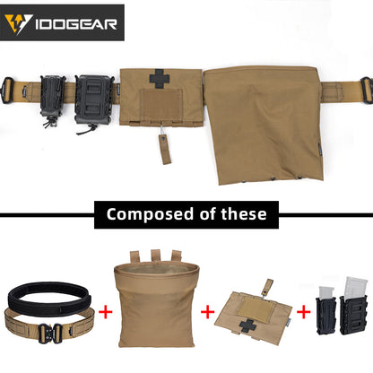 IDOGEAR 2 Inches Tactical Belt Laser Quick Release Metal Buckle Belt Set Outer Belt + Inner Belt with 4 Pouches Soft Shell 9mm 556 Magazine Pouch , Dump Pouch , Medical Pouch
