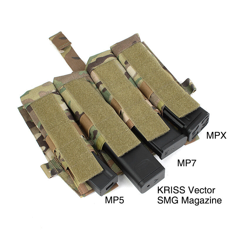 IDOGEAR PEW Tactical Quadruple Magazine Panle Pouch SMG Magazine Pouch Carrier for AVS Vest Detachable Flap SMG 9MM .45 Mag Pouch P046