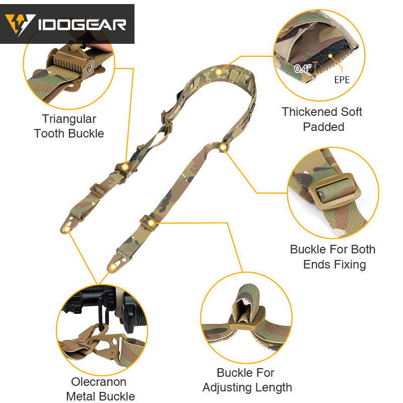 IDOGEAR Tactical Slings 2 Point Safety Sling Quick Adjust Padded Buckle Military Combat 2 Point Shoulder Strap Camera Slings Adjustable 3428