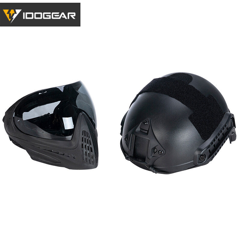 IDOGEAR Tactical Helmet with FMA F1 Full Face Mask Single Layer Military Wargame Safety Protective Helmet Anti-fog Goggle Emerson Tactical Helmet with Full Face Mask Set 5658-0022